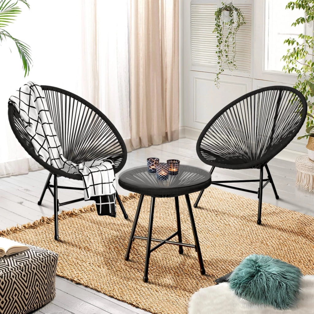 Set di mobili da Giardino Izmir Tavolo e 2 poltrone Uovo in Corda Nera