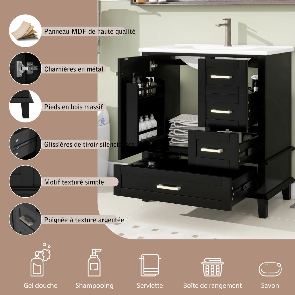 Mobile sottolavabo con lavabo in ceramica, 3 ante, 1 cassetto e ripiano regolabile, per bagno, nero, 76 × 45,5 × 83,5 cm