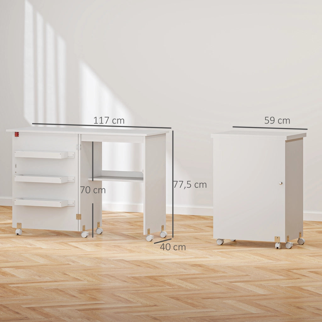 Tavolo da cucito pieghevole con ripiani e ruote ¨C zephmum ¨C bianco 90x60x75