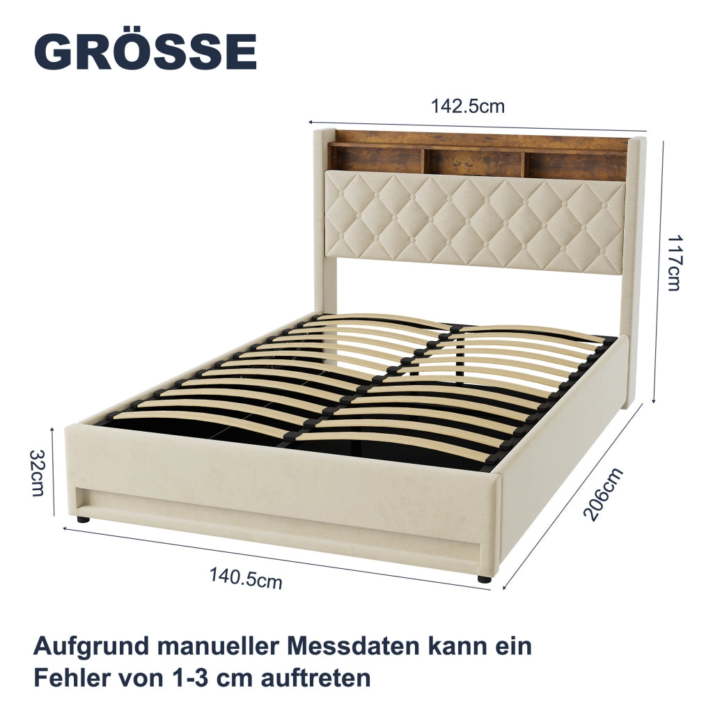 Letto matrimoniale imbottito 140x190 cm beige in velluto con contenitore, LED e porta USB