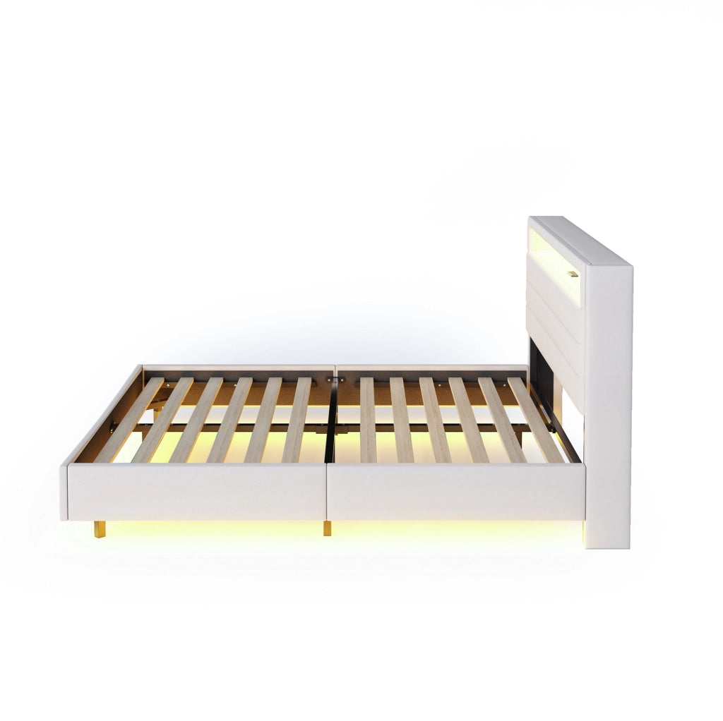 Letto matrimoniale 160x200 cm con USB e LED; testiera ribaltabile; tessuto beige (Senza materasso)