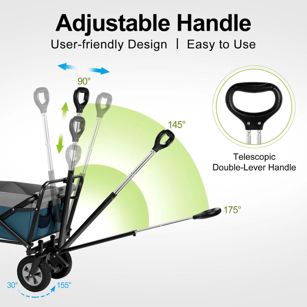 Carrello da Giardino Pieghevole, con Maniglia Regolabile, Carrello da Spiaggia Portatile con Tasche Laterali per Spesa, Picnic, Adatto a Vari Suoli, Portata 80 kg, Blu+Grigio
