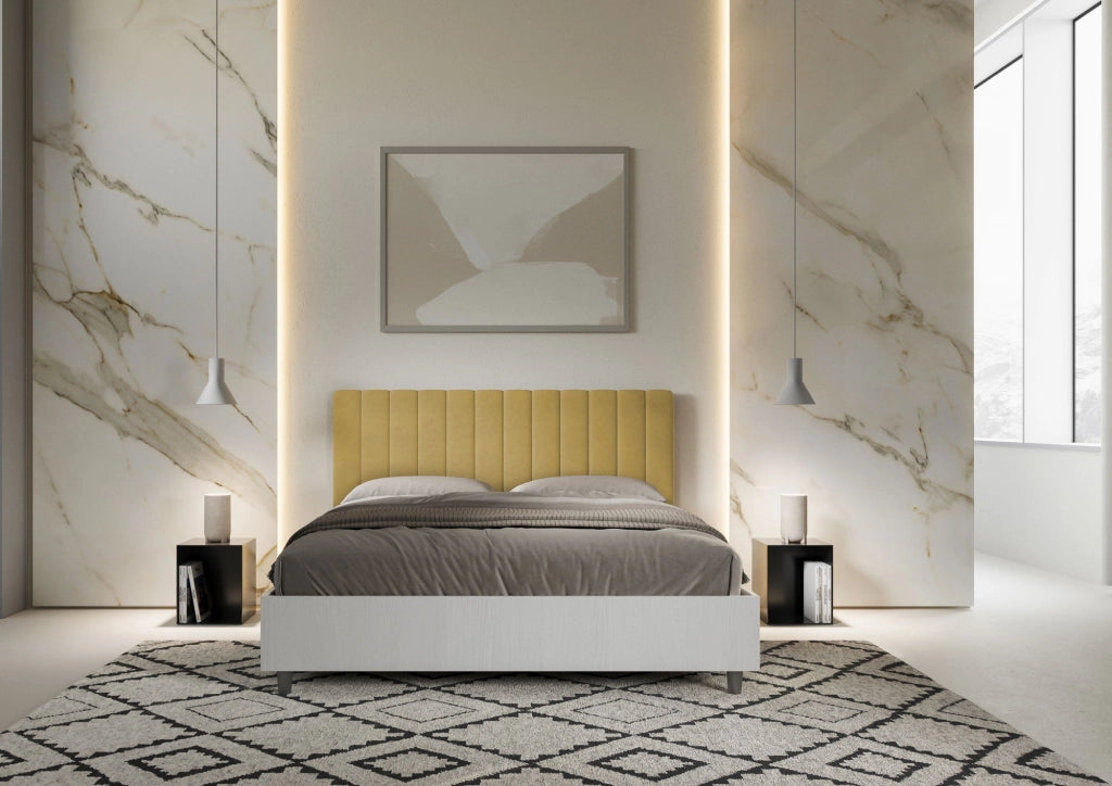 Letto matrimoniale senza rete 160x190 bianco frassino testata microfibra azzurro Kaia