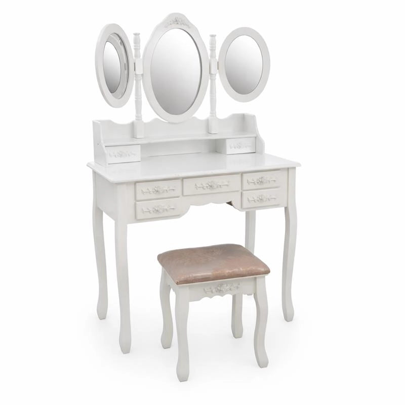 MA MAISON TOELETTA BIANCA IN LEGNO 90X40X146 CM, CONSOLLE TRUCCO CON 3 SPECCHI E SGABELLO, POSTAZIONE MAKE UP PER CAMERA DA LETTO
