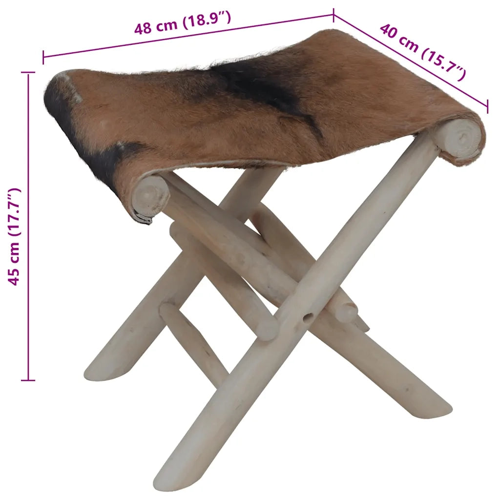 Sgabello Pieghevole in Pelle di Capra e Legno di Teak 288815