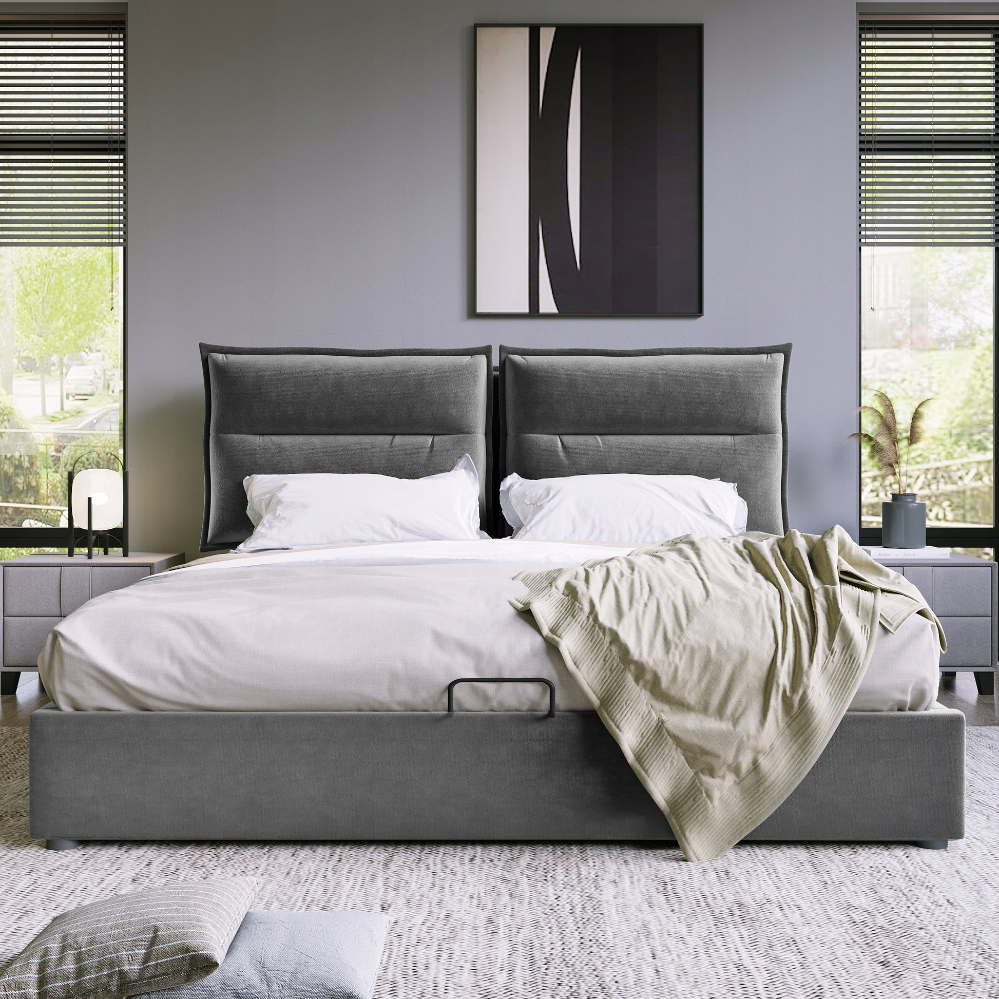 Letto imbottito 140x200 - Xylo - Grigio, regolabile idraulicamente