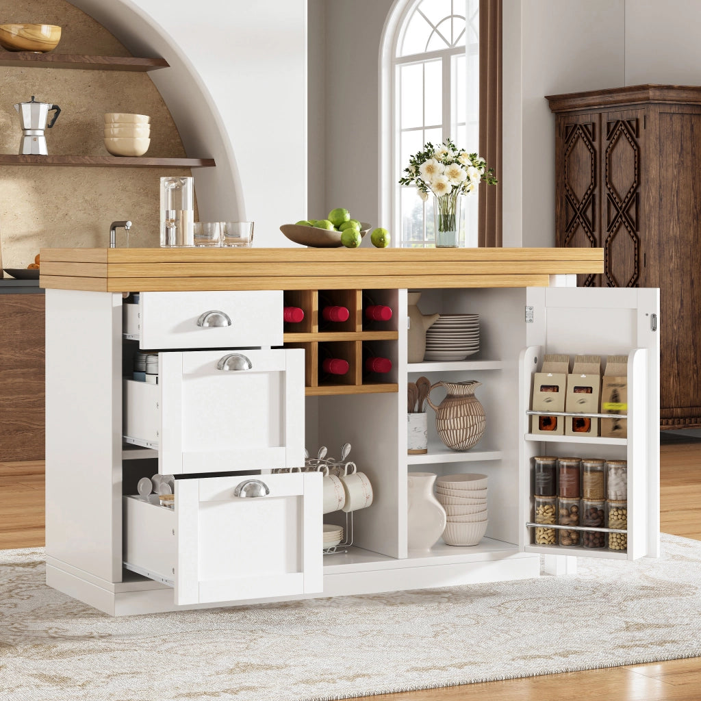 Tavolo bar estensibile con contenitore; 1 cassetto; portabottiglie; mobile cucina girevole 360°; per cucina; 120 × 40 × 74 cm