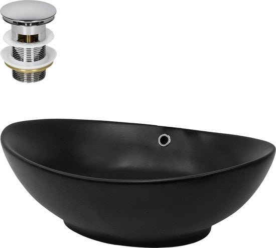 Wastafello ceramica inclusa con drenaggio a cavo argentato con sifone 59x38x19 cm nero