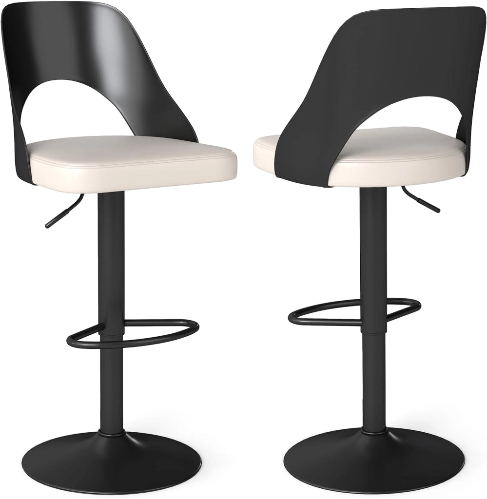 2 Sgabelli Girevoli da Bar Alta 91-111 cm, Set di Sgabelli con Seduta in Ecopelle, Poggiapiedi e Struttura in Metallo, Sedie per Cucina e Bistrò (Bianco)