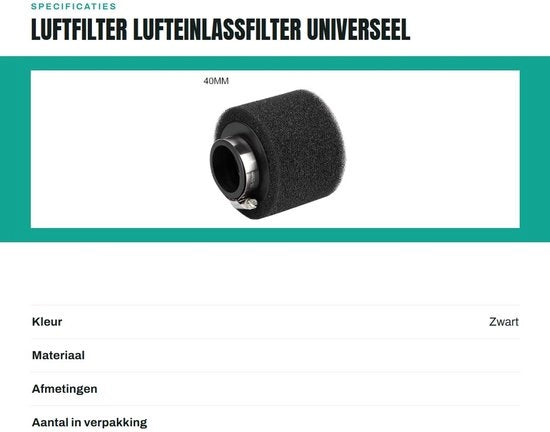 Filtro dell'aria Universale - Pulitore dell'aria - Modificatore - Per Pit Dirt Bike - ATV - 40mm