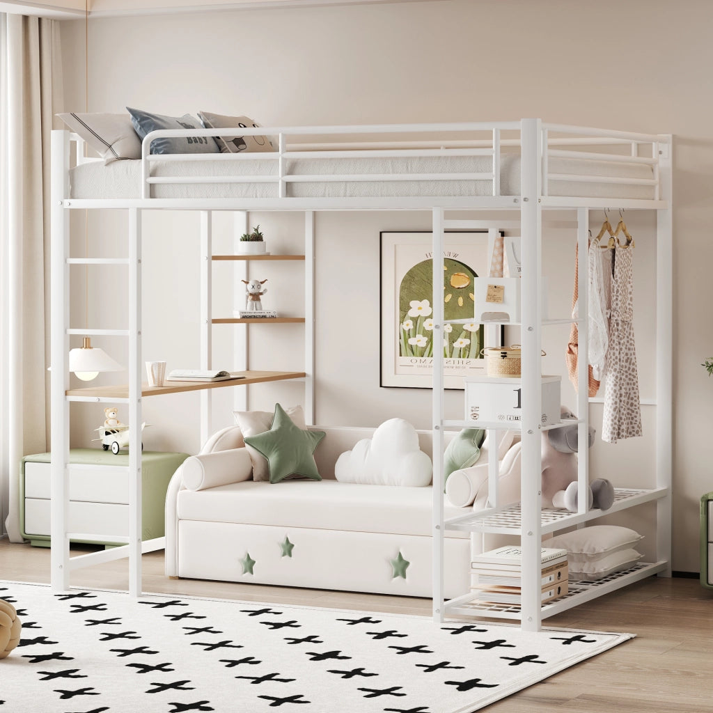 Letto a castello bianco con funzione scrivania e contenitori in metallo 90x200 cm