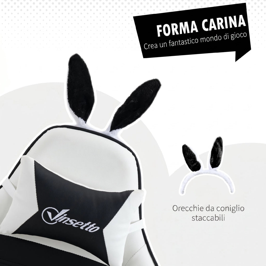 Sedia da Gaming con Orecchie da Coniglio 65x63x136-142 cm Poggiapiedi Cuscini in Pelle PU Nero
