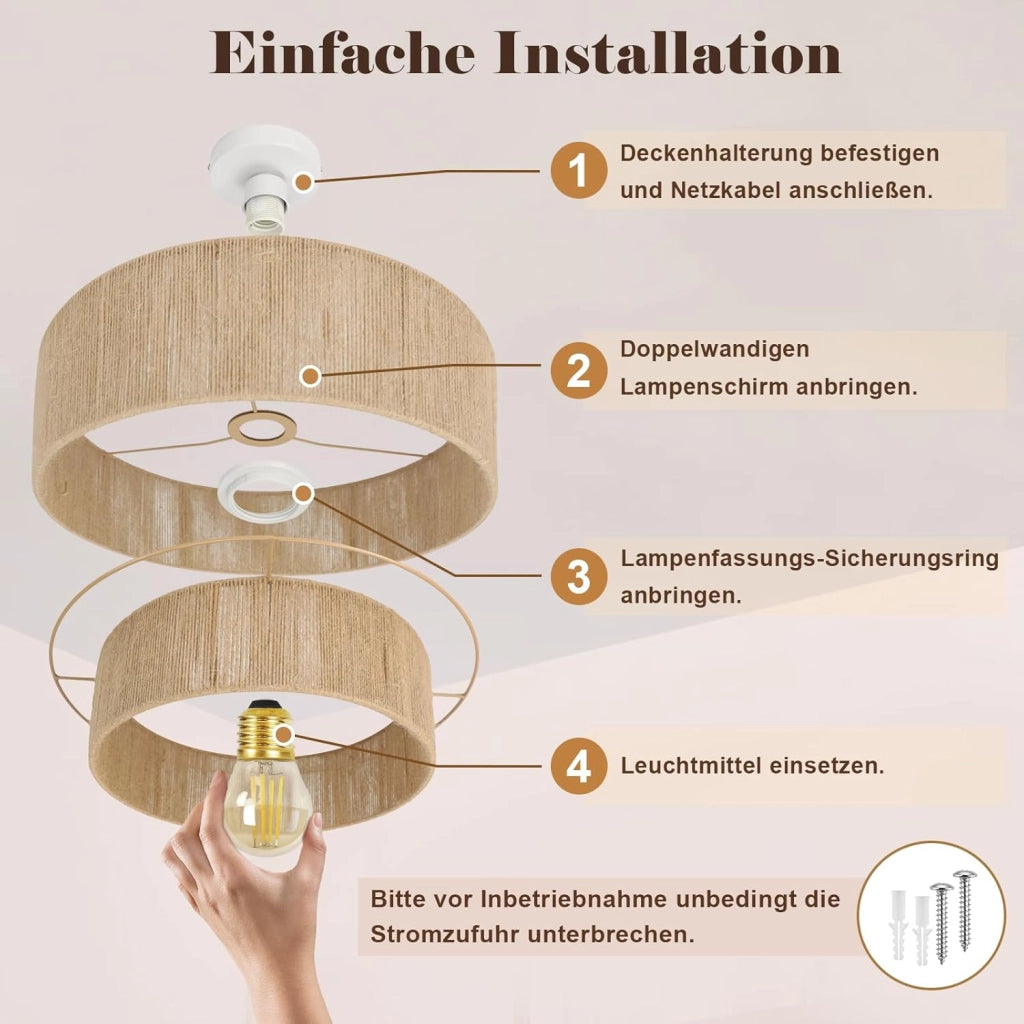 ZMH Lampada da soffitto retrò gialla E27 in corda iuta naturale per camera letto soggiorno cucina senza lampadina