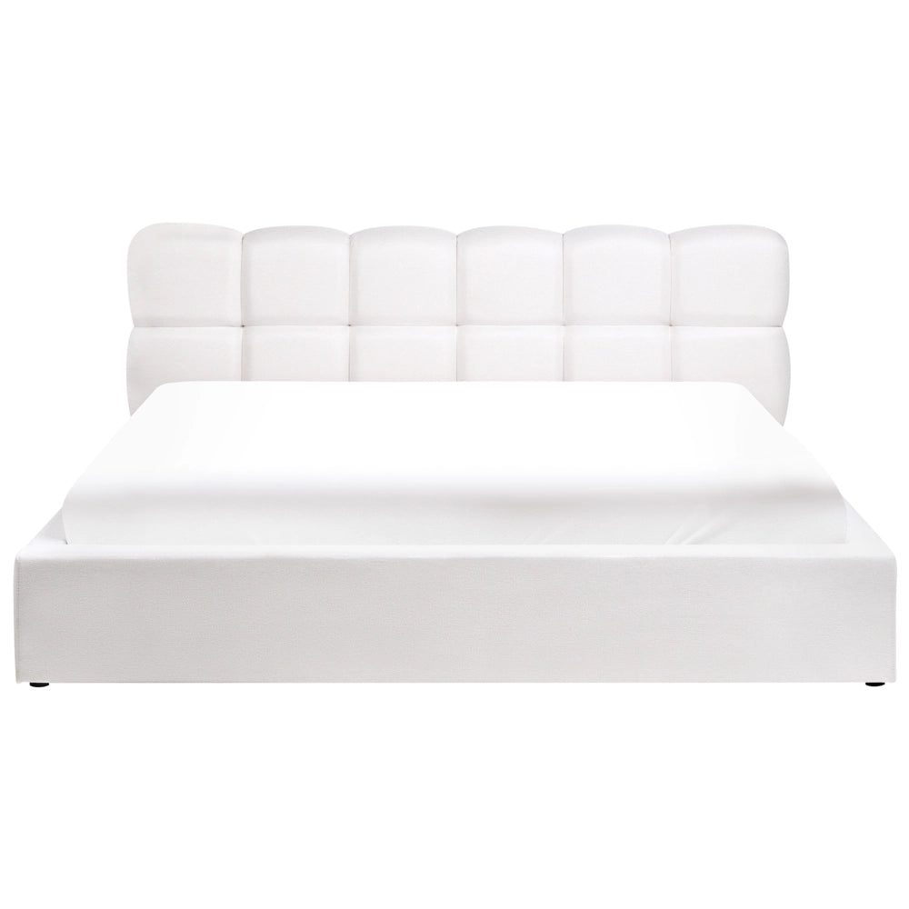 Letto king size UE in tessuto bianco sporco 180 x 200 cm con struttura imbottita e poggiatesta in biscuit con contenitore