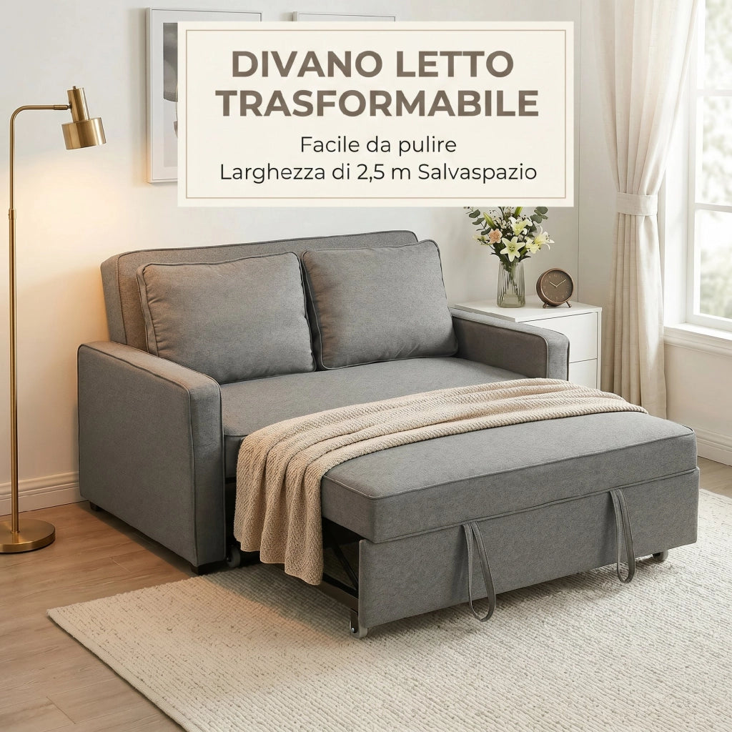 3 in 1 Divano Letto 2 Posti con Schienale Regolabile in 3 Posizioni. 2 Cuscini. in Tessuto Effetto Lino Grigio