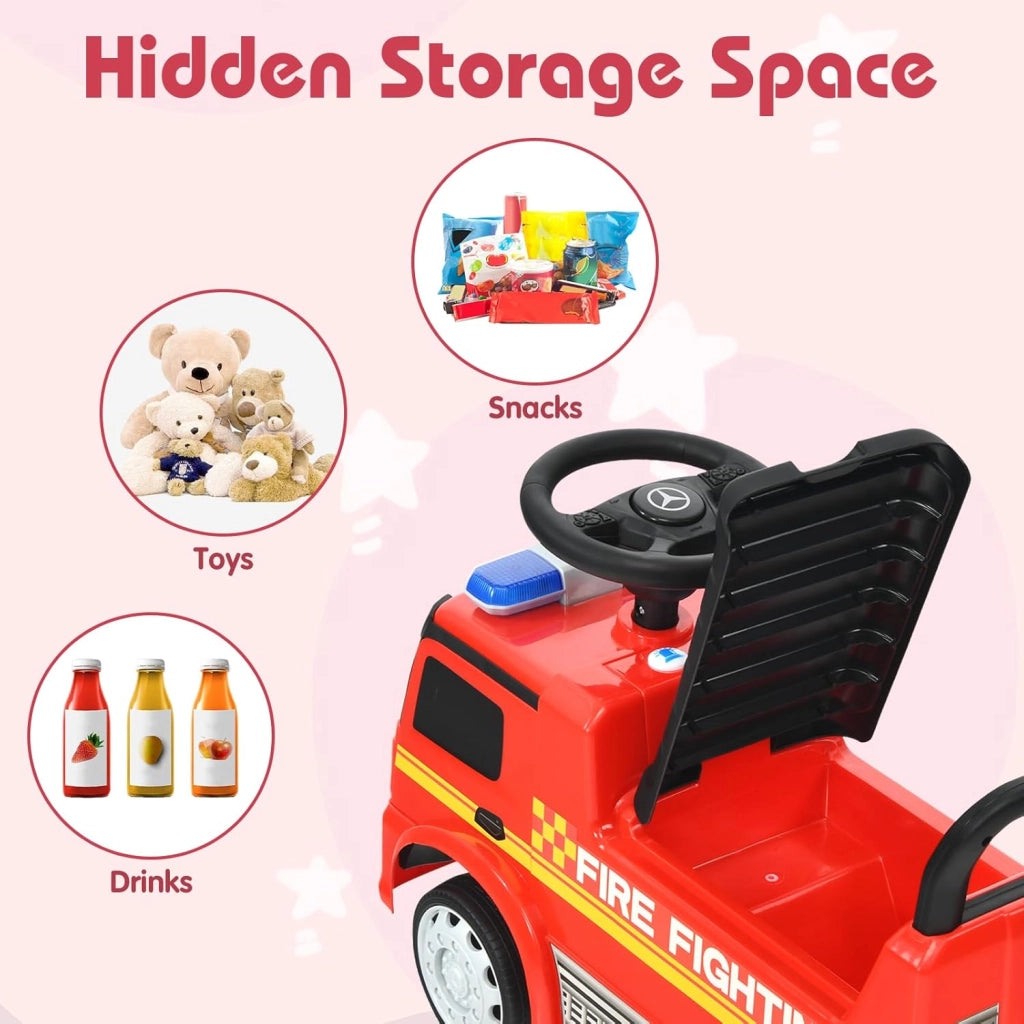 Mercedes-Benz Portatore Bambino, Camion dei Pompieri Guida Realistica con Fuoco di Gravidanza, Clacson e Musica, Spazio di archiviazione nascosto, Capacità massima 25 kg, Regalo per bambini 1-3