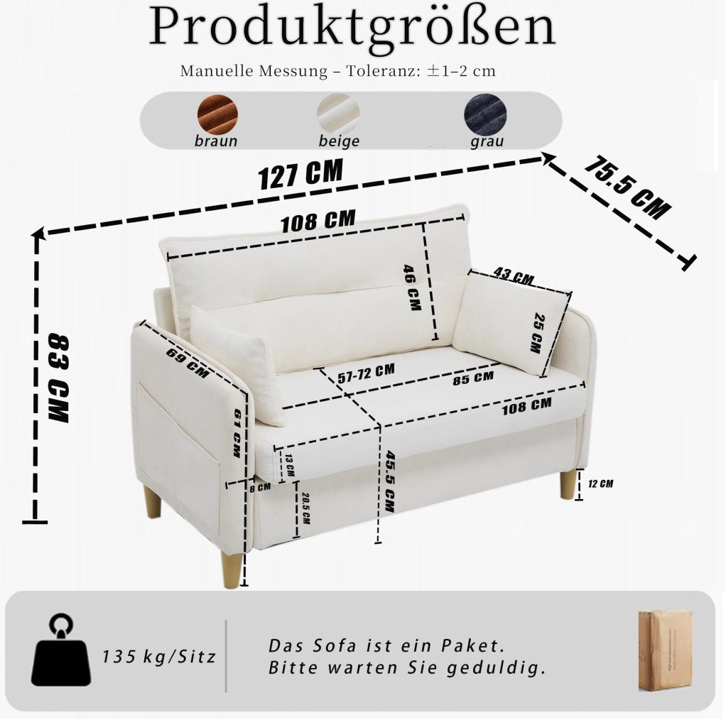 Divano 2 posti ULEVR 127 cm in tessuto chenille beige con braccioli, tasche laterali e cuscini