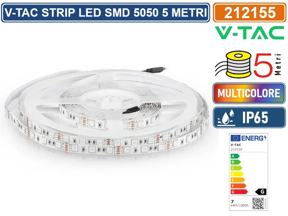 V-TAC VT-5050-60 STRISCIA LED FLESSIBILE 35W SMD RGB 60 LED/METRO 12V IP65 - BOBINA DA 5 METRI - SKU 212155