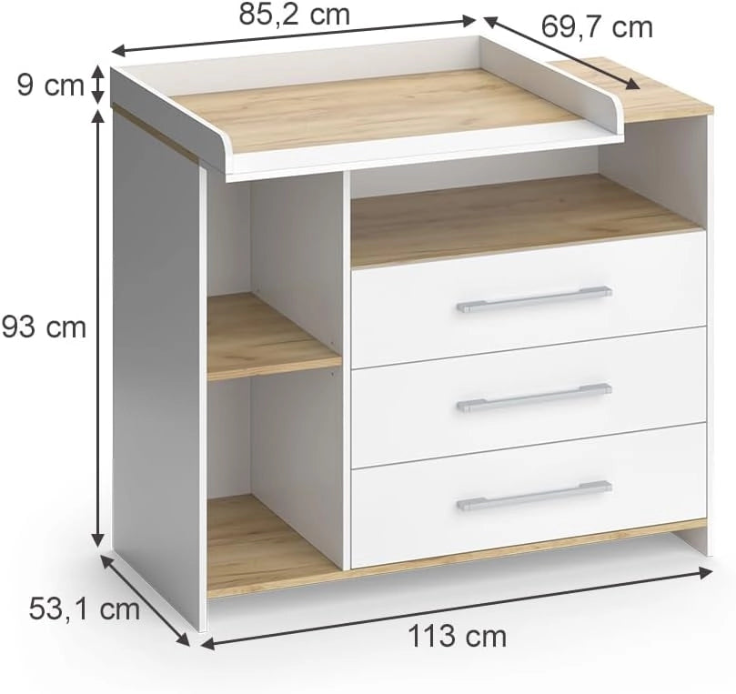 Fasciatoio Oskar, Rovere bianco/dorato, 113 x 93 cm con 3 cassetti