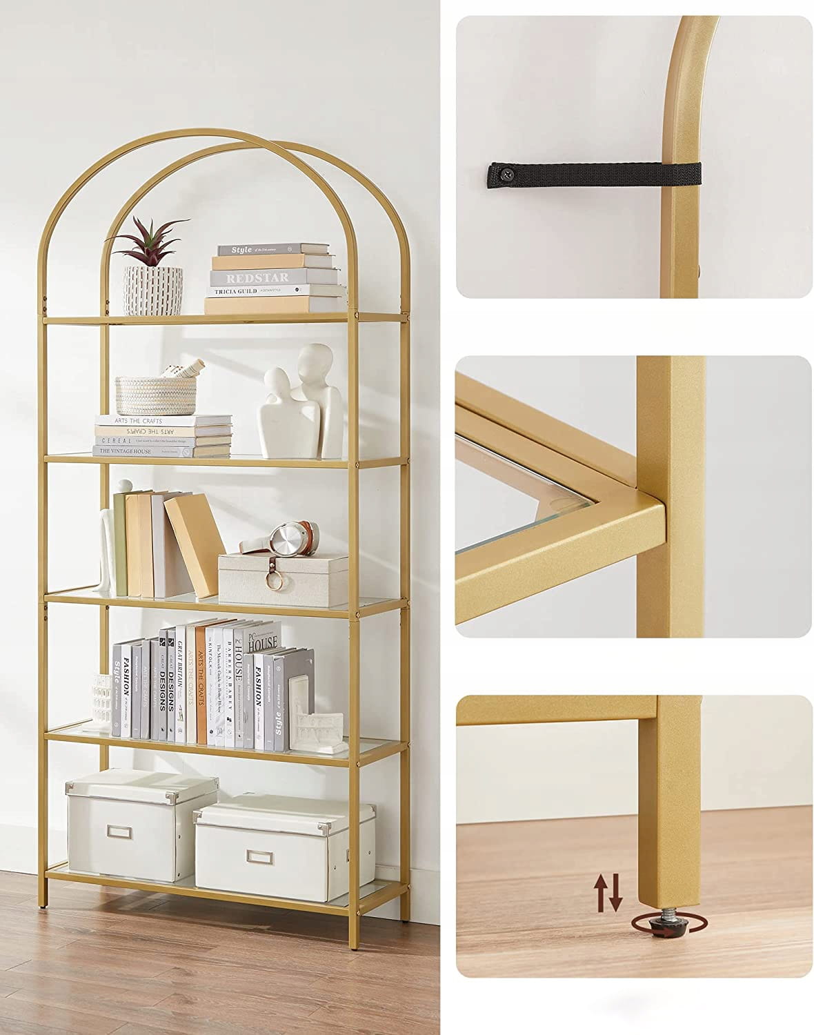 Libreria in vetro VALORA con 5 ripiani, oro - LGT050A01