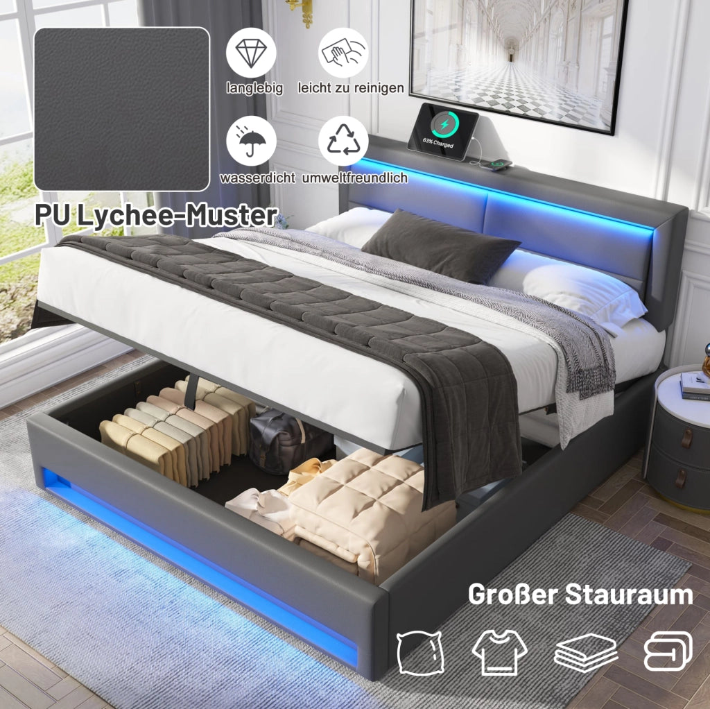 Letto imbottito grigio 140 x 200 cm con LED, USB e vano contenitore
