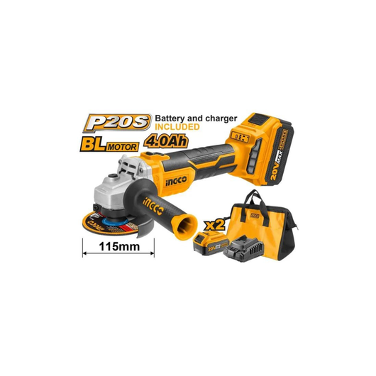 SMERIGLIATRICE BRUSHLESS 115MM 2 BATTERIE UNICHE P20S 4AH /CON BORSA INGCO CAGLI11522