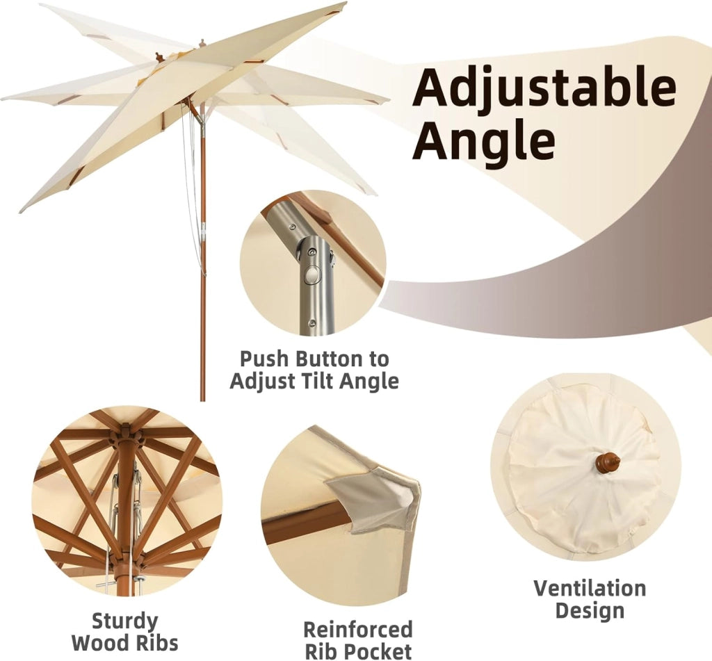Ombrellone da Giardino 270/300cm con 8 Stecche, Angolo Inclinabile, Anti UV, Ombrellone Parasole Antivento con Struttura in Legno per Spiaggia, Balcone, Patio, senza Base, Beige