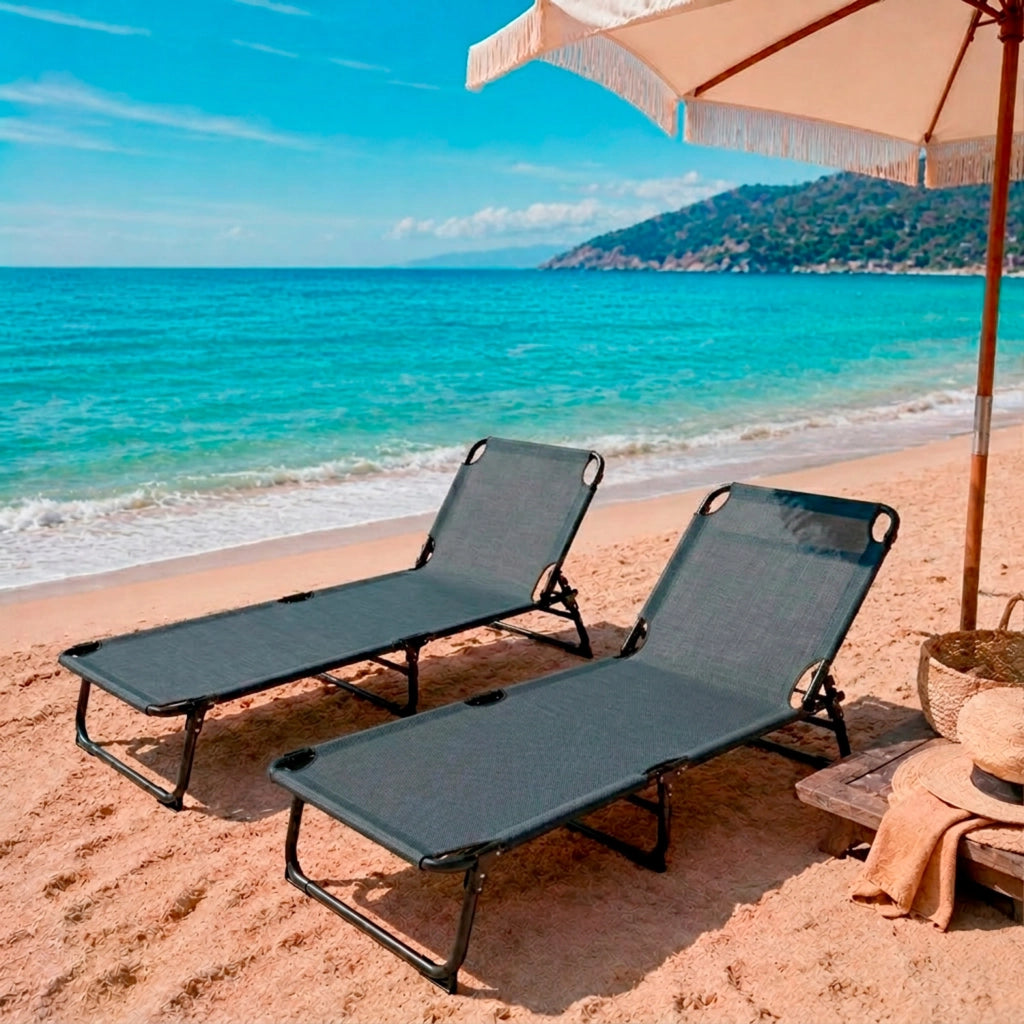 Coppia Di Lettini Pieghevoli Prendisole Senza Tettuccio Parasole Schienale Reclinabile Regolabile Struttura In Metallo Nero Sedia Sdraio Per Spiaggia Giardino Piscina 187 x 53 x 24 Cm Grigio Scuro