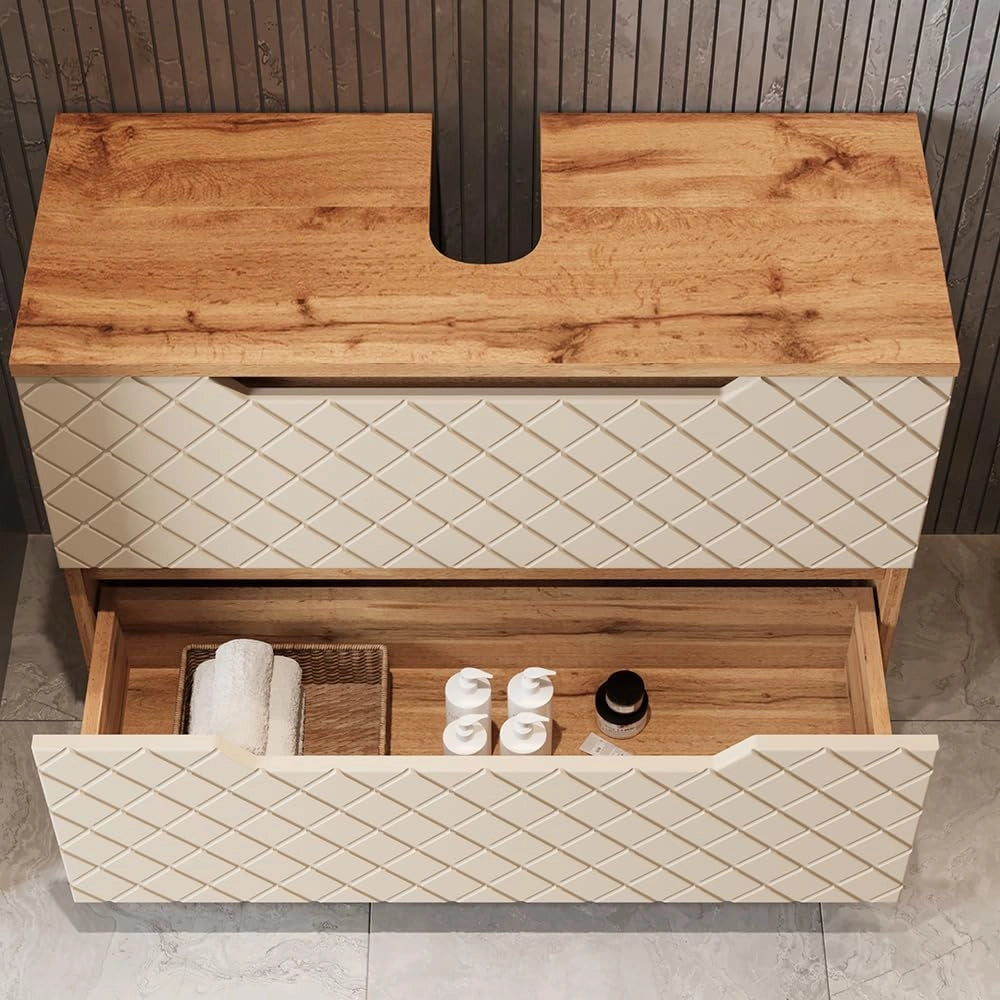 Mobile sottolavabo per bagno Lotta, Cachemire, 79.6 x 62.5 cm con 2 cassetti, per la conservazione di accessori da bagno e collegamento al lavandino
