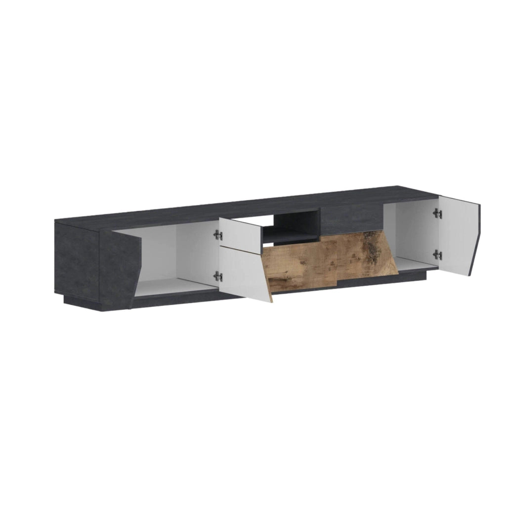 Mobile da soggiorno Porta Animai, Made in Italy, Credenza per Animai da salotto a 4 ante geometriche e 1 cassetto, Cm 220x43h46, Ardesia e Acero