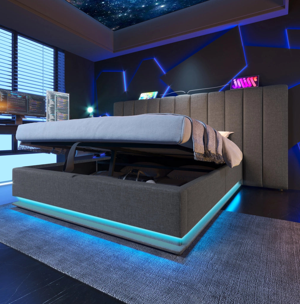 Letto contenitore 160 x 200 cm grigio con LED, ricarica USB e rete