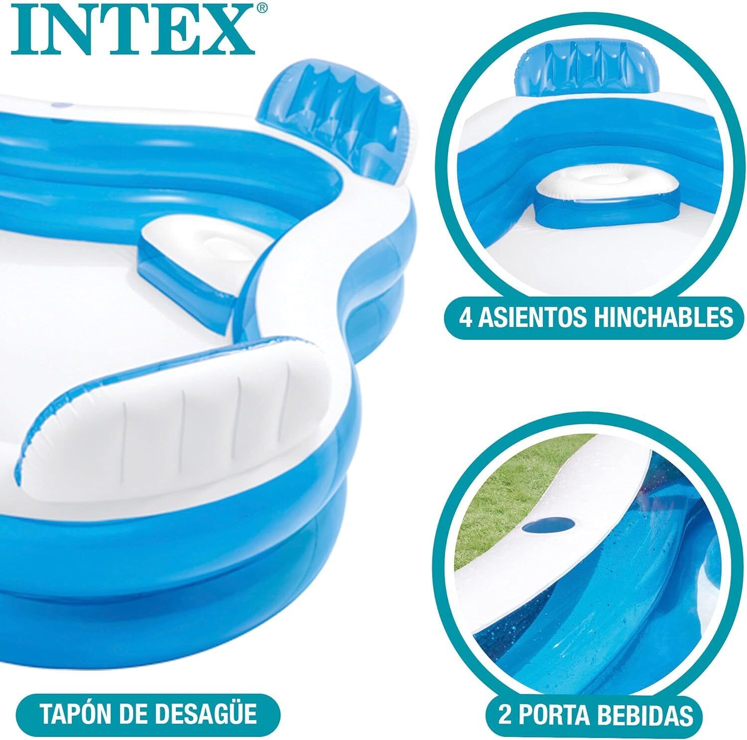Intex 56475NP Inflatable Swim Center Family Lounge 90 x 90 x 26 inches Multi-color Piscina Familiare Intex Swim Centre con Sedili