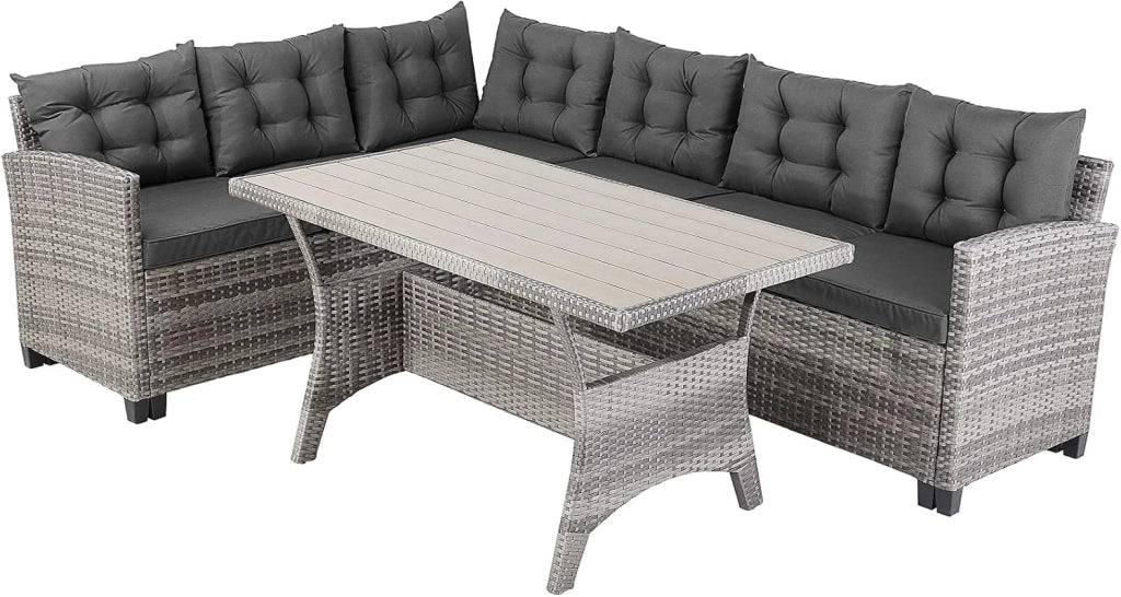 Set Salottino Lounge Polyrattan WPC Tavolo da Pranzo con Copriseduta Cuscini Idrorepellenti Mobili Esterno