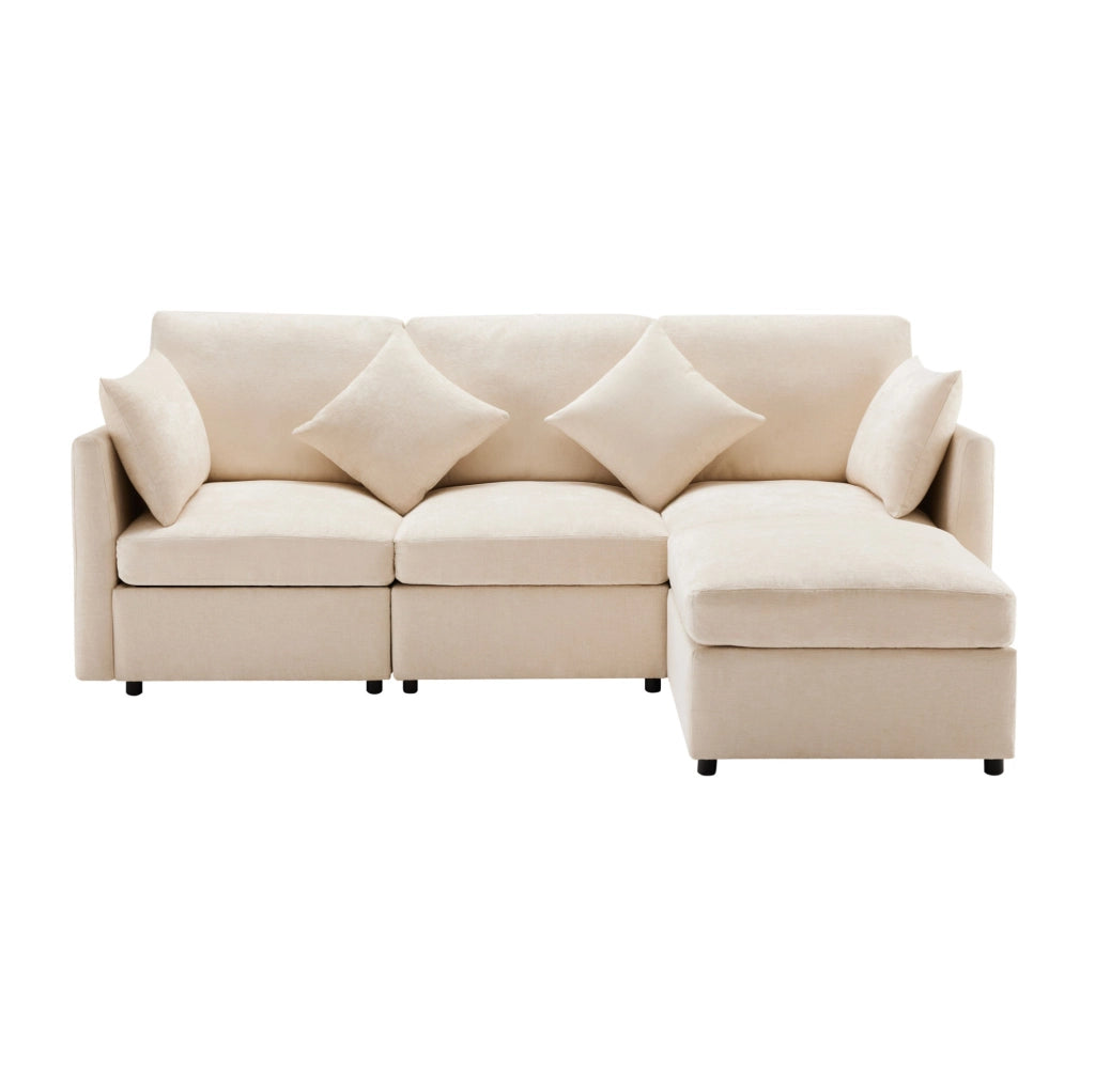 Divano modulare 216x161x81 cm con pouf mobile in chenille beige