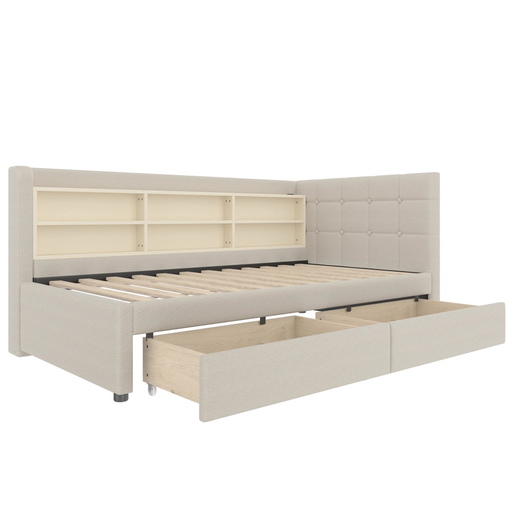 Letto singolo 90x200 con due cassetti e prese USB USB C; rete a doghe; lino grigio