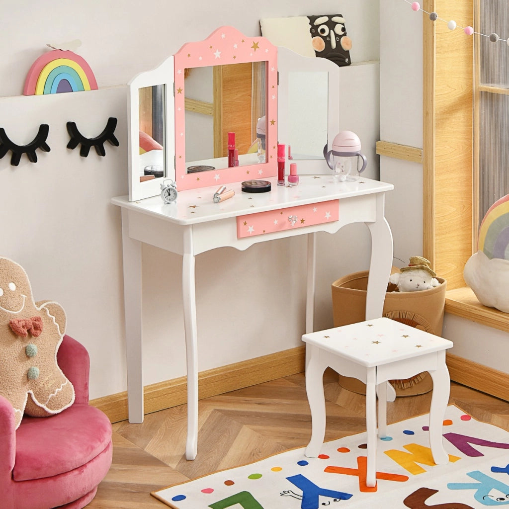 Set tavolo toeletta e sgabello per bambini con specchio tripartito, Set toeletta con stampe di stelle Bianco