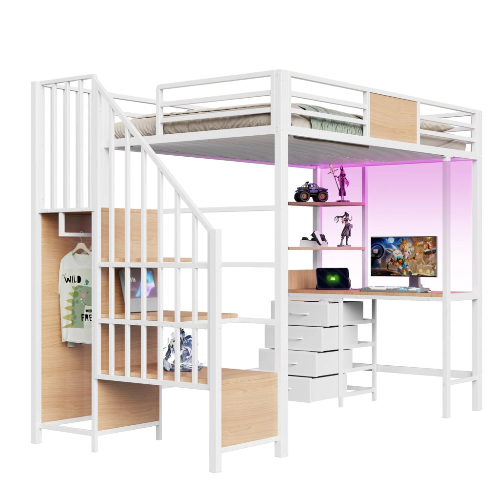 Hochbett con scrivania 90x200 cm in metallo bianco; con ripiani; asta appendiabiti; LED e presa