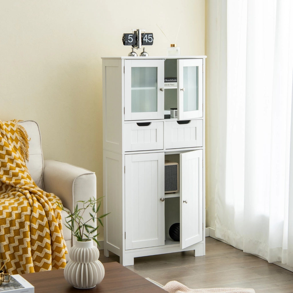 Armadio da terra con 4 ante 2 cassetti e ripiani regolabili-Mobile da bagno indipendente multifunzionale Bianco