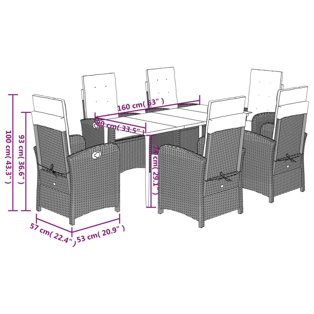 Set da Pranzo da Giardino 7 pz Nero con Cuscini in Polyrattan 3212315
