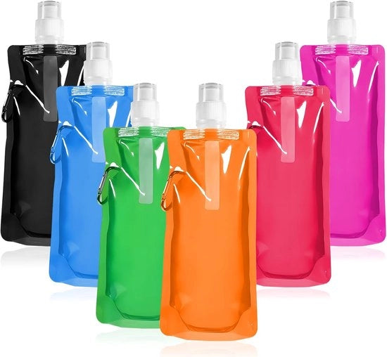 Collezione Plus - Biberon Portatile 500 ml 6-Pack Biberone Portatile Ripiegabile Riciclabile con Gancio per Viaggiare Escursioni Avventura