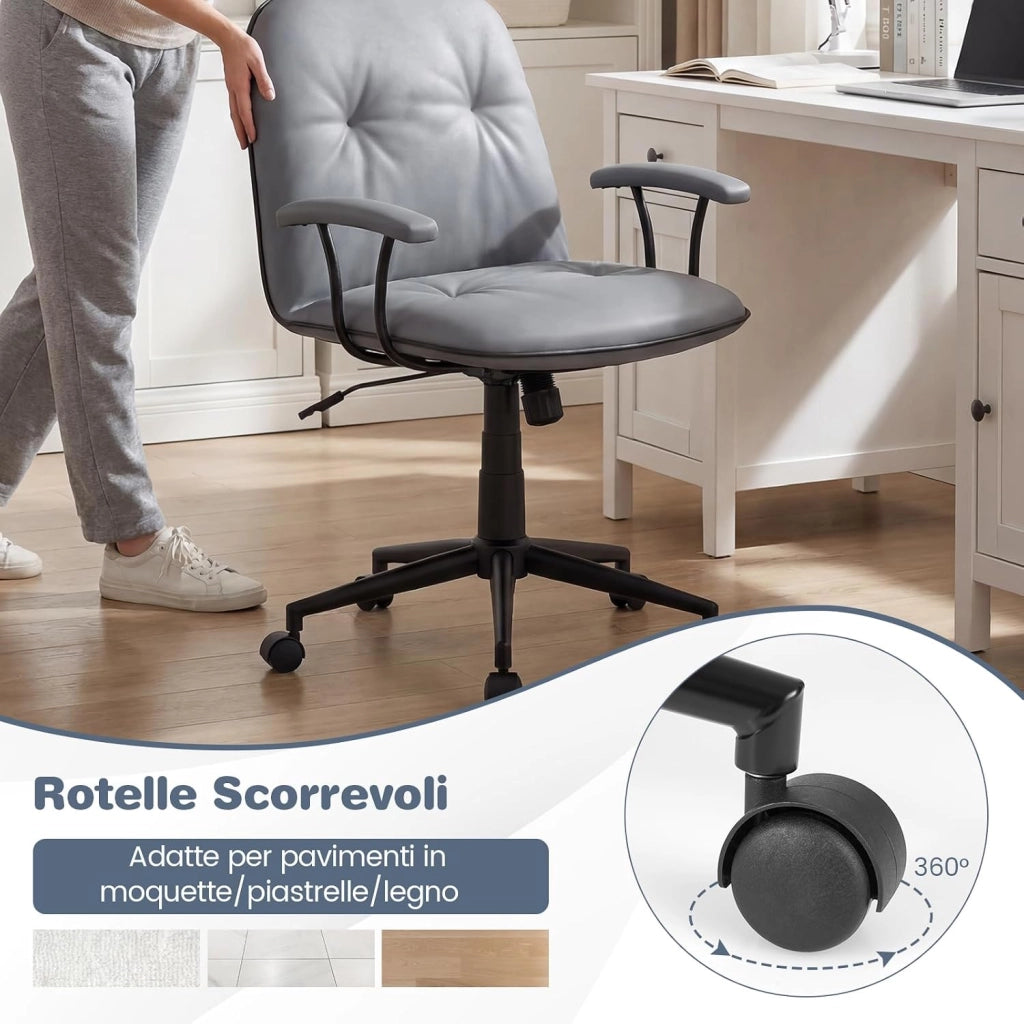 Sedia Ufficio Ergonomica con Altezza Regolabile, Poltrona Scrivania Girevole, Sedia con Braccioli Imbottiti e Ruote, Funzione Dondolo, per Ufficio Scrivania Studio (Grigio)
