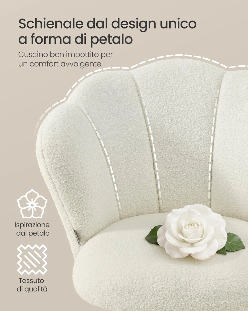 SONGMICS Sedia da Ufficio Girevole a 360°, Sedia da Trucco Imbottita, Tessuto Peluche, Regge 110 kg, Schienale a Petali, Altezza Regolabile, Soggiorno Camera da Letto, Bianco Crema OBG030WD01
