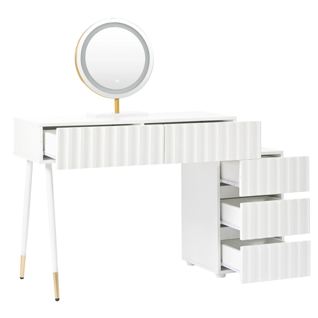 Tavolo da trucco bianco con specchio LED, 5 cassetti e mobile laterale, 100x40x127 cm
