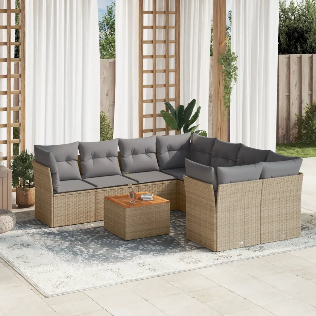 Set Divano da Giardino 9 pz con Cuscini Beige in Polyrattan
