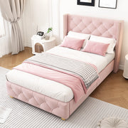 OKWISH Letto Singolo 90×200 cm con Testiera Imbottita, Borchie Decorative e Piedi in Legno, senza Materasso, in Velluto, Rosa