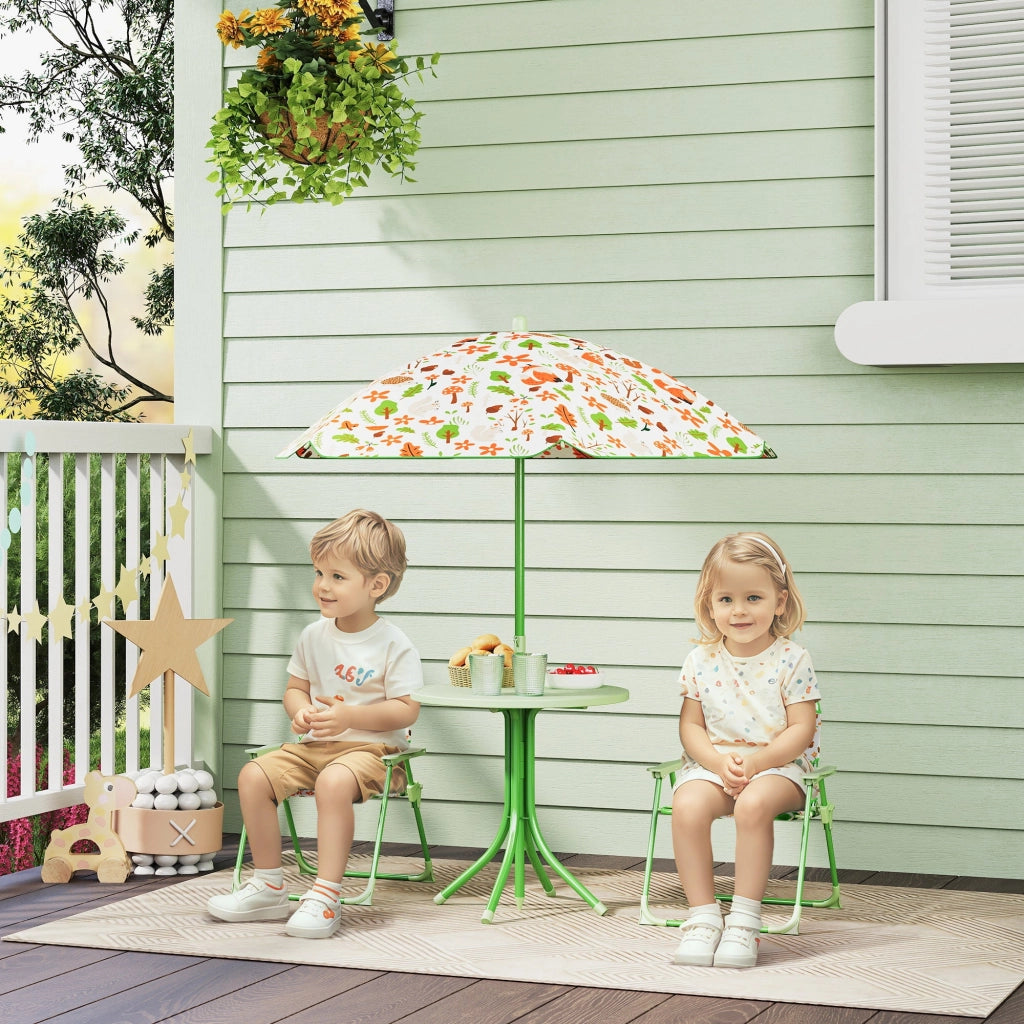 Set da Giardino per Bambini 2-5 Anni con Tavolino 2 Sedie e un Ombrellone Verde