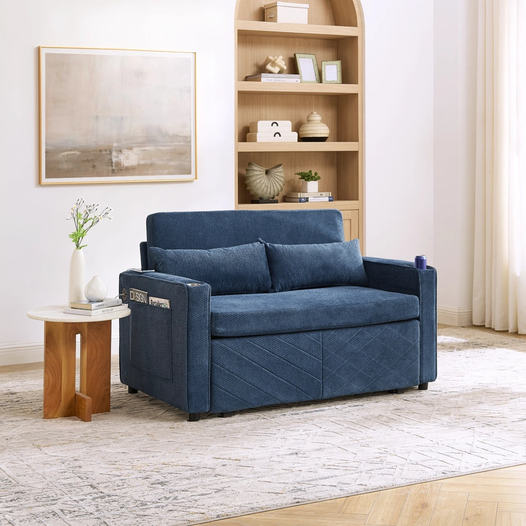 Divano letto 2 posti convertibile con funzione relax e porte USB; in tessuto; blu navy
