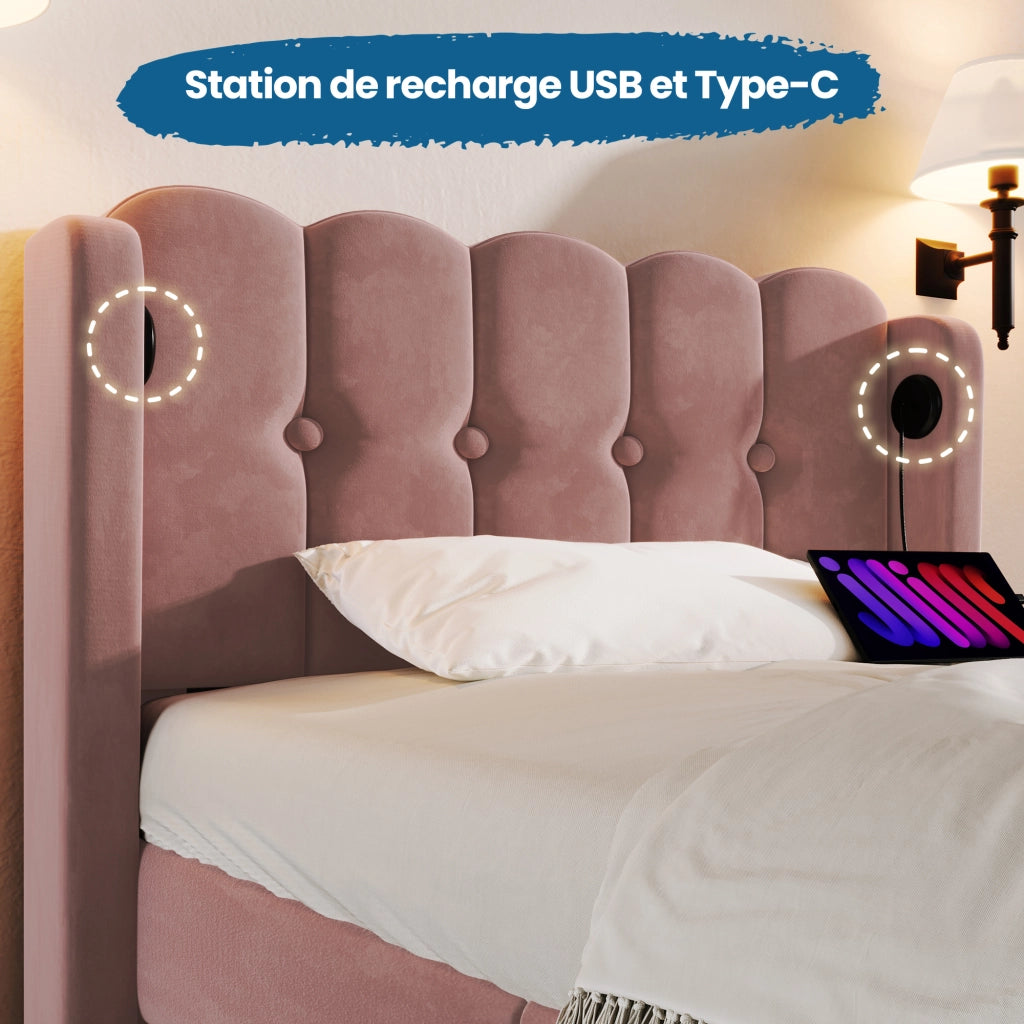 OKWISH Letto Singolo 90×200 cm con Porte USB, Tipo C e Testiera, senza Materasso, in Velluto, Rosa