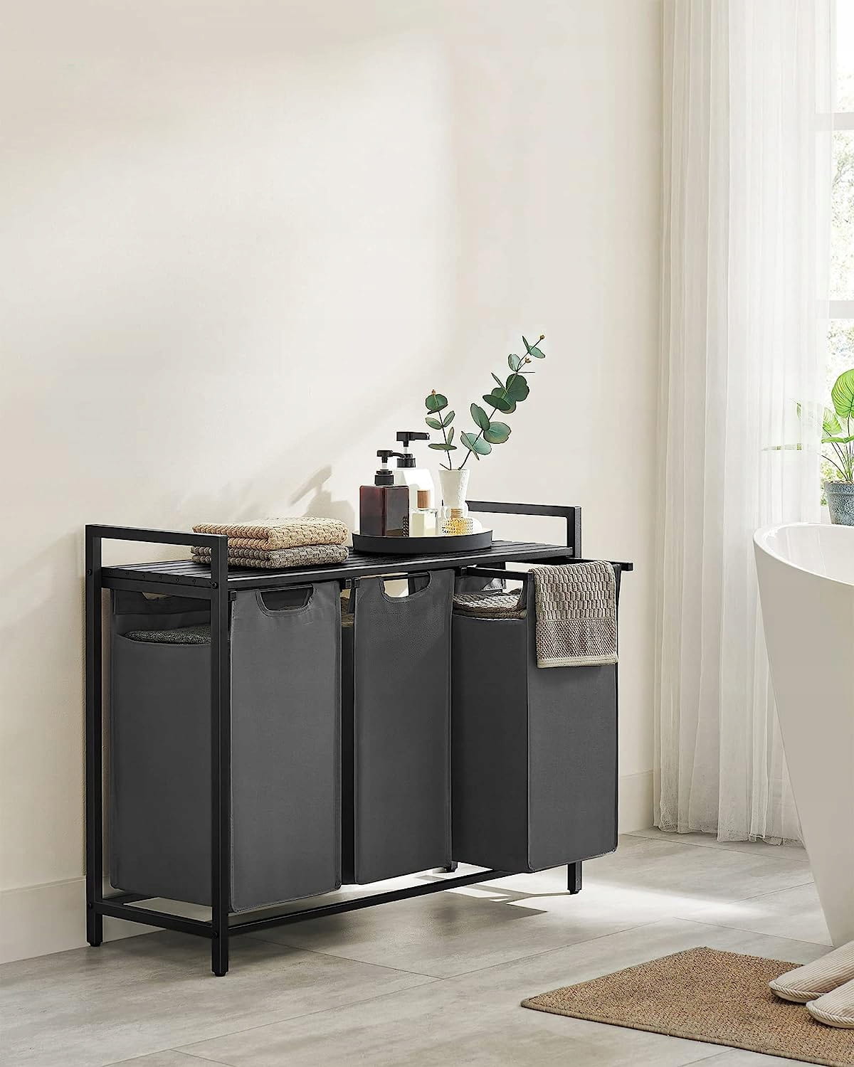 Mobile portabiancheria Valora 3 x 38L grigio e nero | Tre scomparti