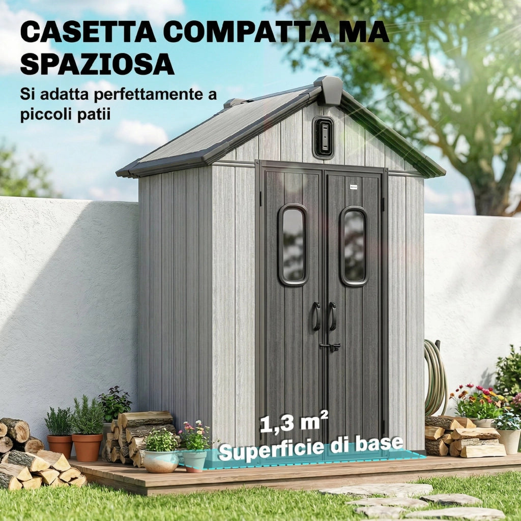 Capanno Box da Giardino 160x98x217 cm Doppie Porte Bloccabili in Plastica Grigio